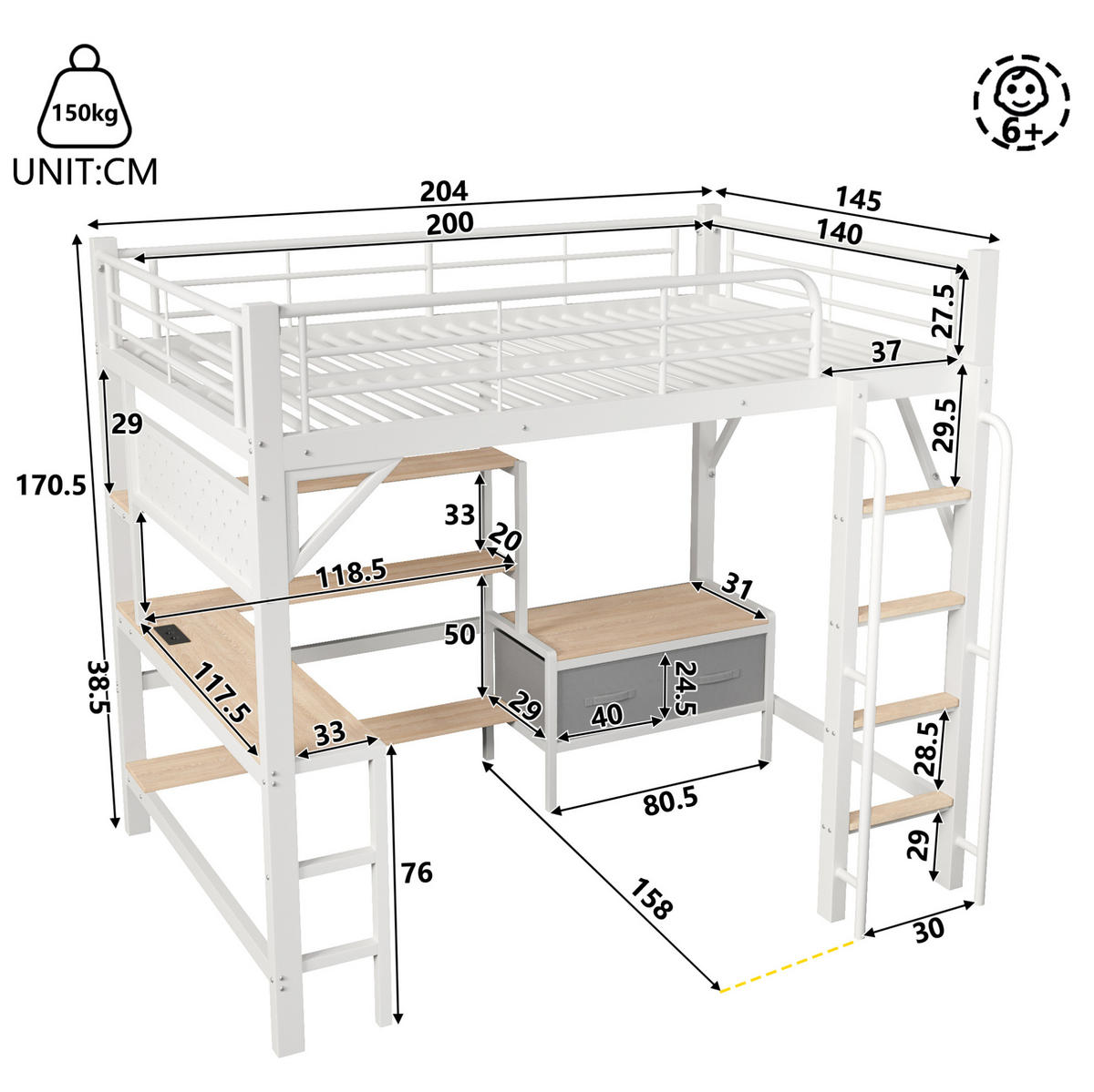 HOCHBETT aus Metall und MDF 140x200 cm Weiß mit Schreibtisch, LED-Leiste, USB und Stauraum - Weiß, Holzwerkstoff (140/200cm) - Modfu
