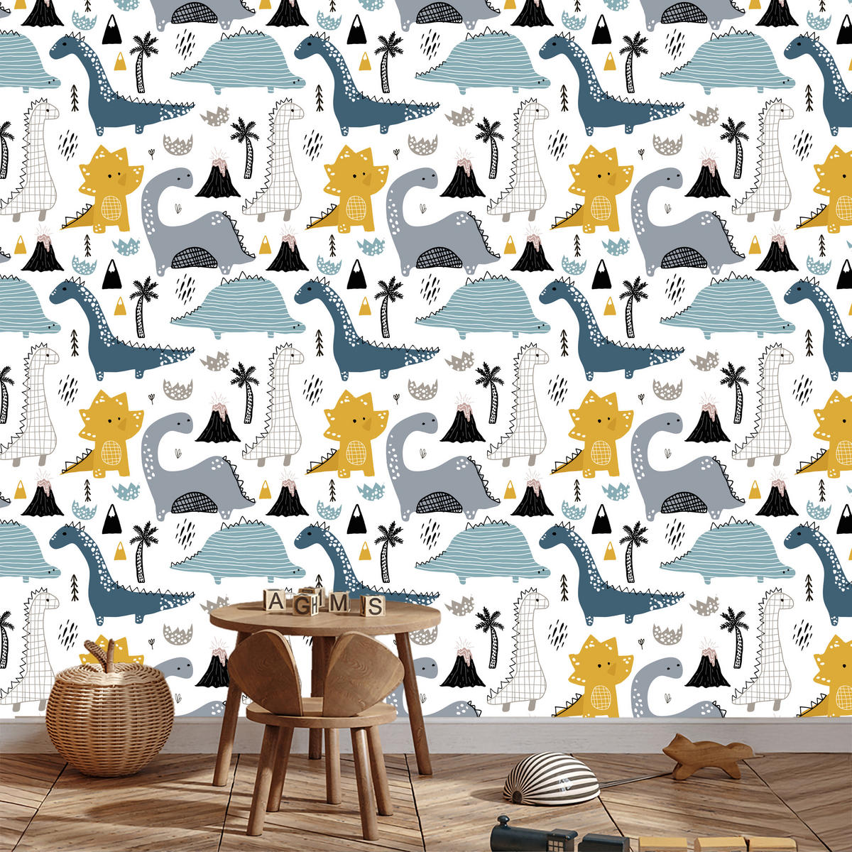 VLIESTAPETE Dinosaurier und Vulkane – Blau, Gelb, Schwarz, Weiß – 50x1000 cm - Blau/Gelb, Papier (50/1000cm) - Muralo