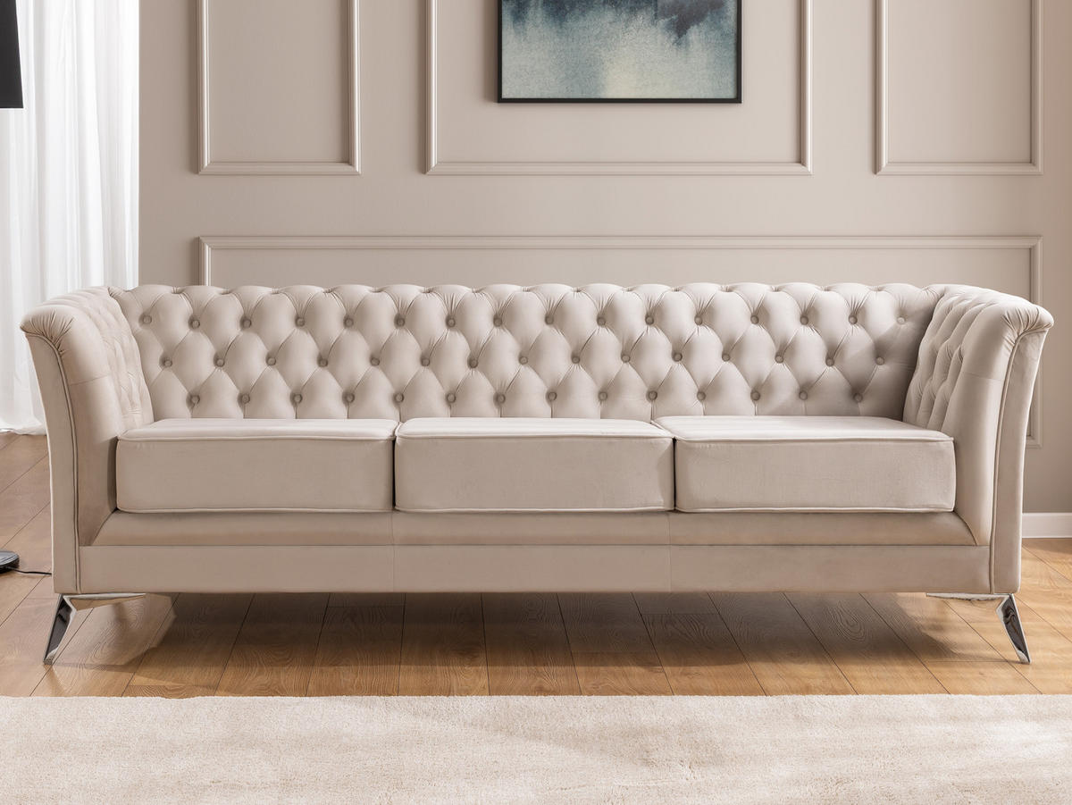 SITZGARNITUR 3+1 Chesterfield Whitby Beige Samt mit silbernen Füßen - Beige/Silberfarben, Holz/Textil (237/78/82cm) - S-Style Möbel