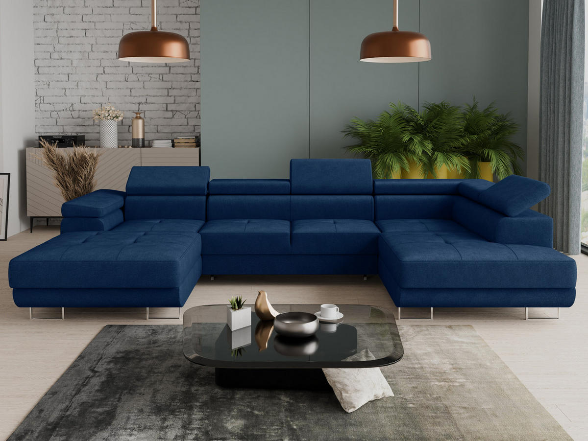 WOHNLANDSCHAFT Caris U, Seite: Links - Blau, Holz/Textil (348/90/205cm) - Sofnet