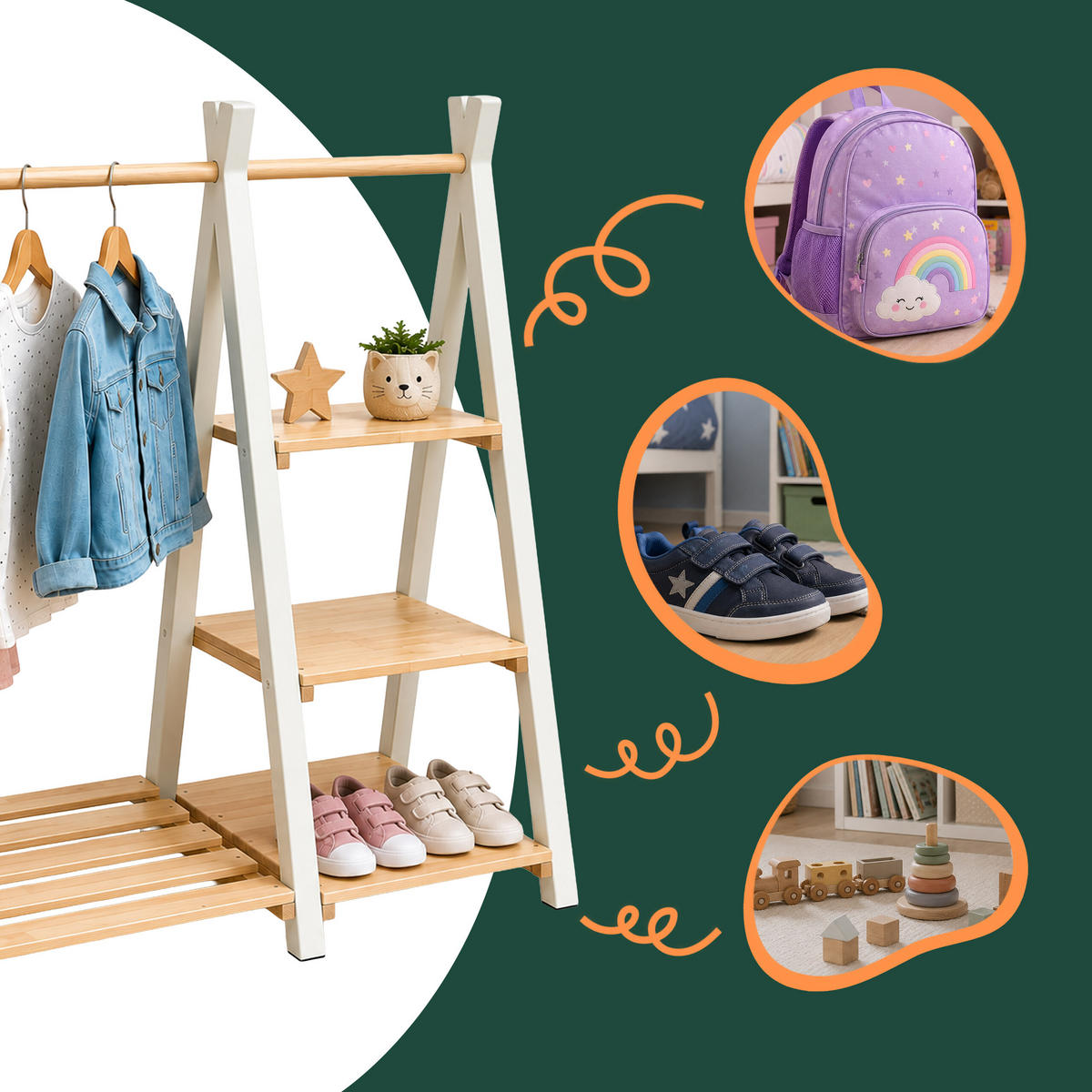 KLEIDERSTÄNDER Natur-Weiß mit Regal Kinder - Hellbraun, Holz (112/111.5/48cm) - Relaxdays