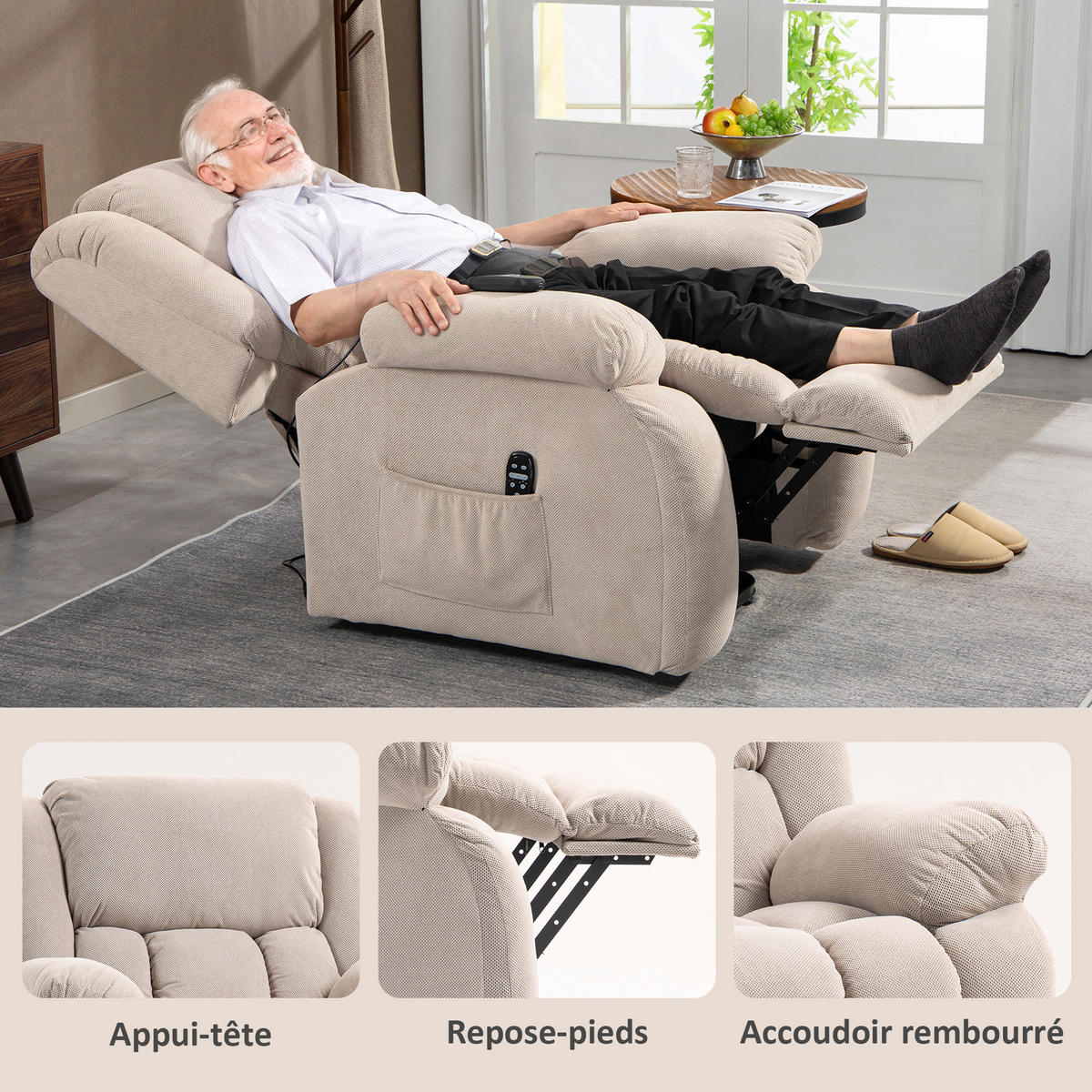 MASSAGESESSEL DE-15434 elektrisch mit Massage, Heizung und Aufstehhilfe - Beige, Metall (104/100/93cm) - ComfortXL