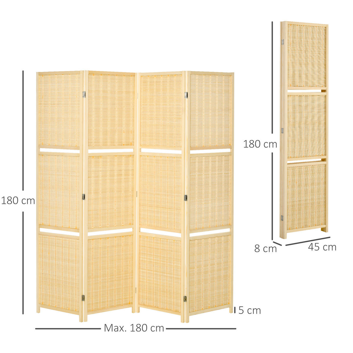 PARAVENT 4-teilig 180 x 180 cm mit Ablage Natur - Naturfarben, Holz (1.9/180/180cm) - HOMCOM