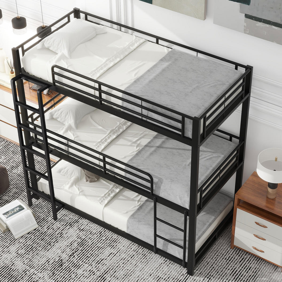 ETAGENBETT Dreifach 90/200 cm Schwarz Metallbett mit Geländern - Schwarz, Metall (90/200cm) - OKWISH