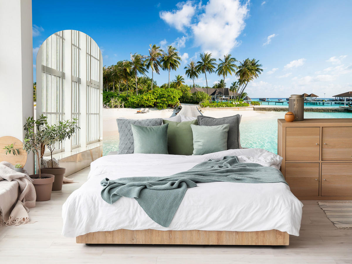 FOTOTAPETE für Schlafzimmer Tropeninsel Steg Palmen Pflanzen 500x350 - Blau/Beige, Papier (500/350cm) - Muralo