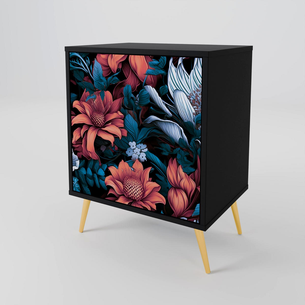 SIDEBOARD ETHEREAL BLOSSOMS, Schwarz, 57,5x42x72,5 cm, Schwarze Metallfüße - Multicolor/Schwarz, Holzwerkstoff/Metall (57.5/72.5/42cm) - SpaceRebels
