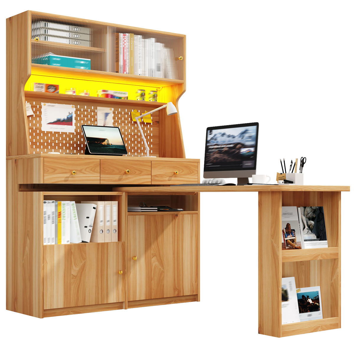 BUFFET LED Glas Türen Naturbraun - Naturfarben, Glas (137/177.7/74cm) - FLIEKS