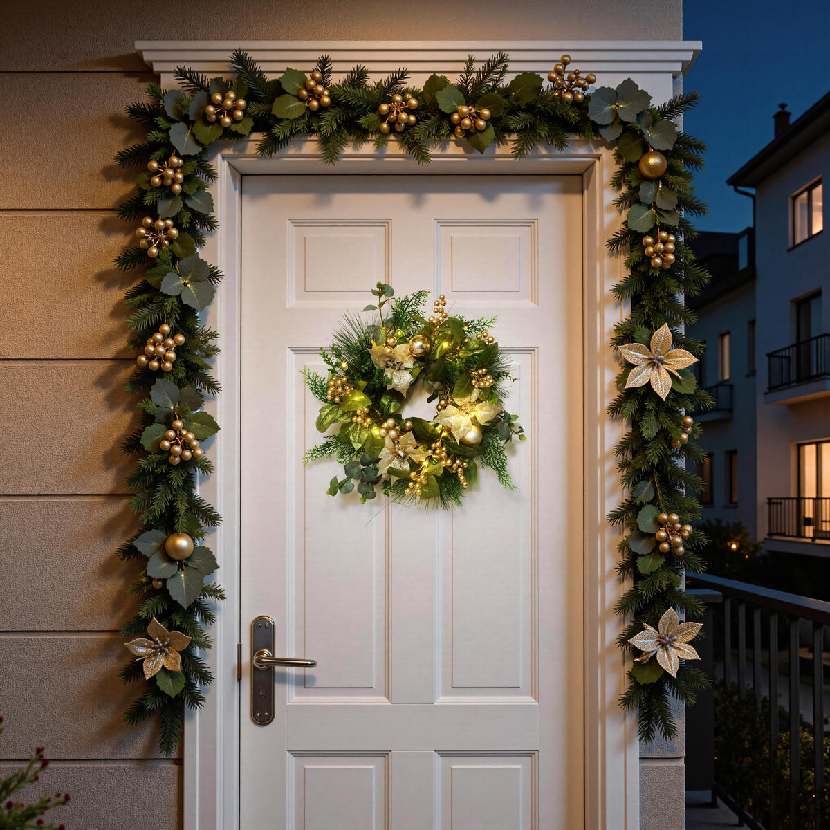 40 cm Weihnachtskranz mit LED&Timer, Goldblüten & Eukalyptus - Grün, Kunststoff (50cm) - Hometopia