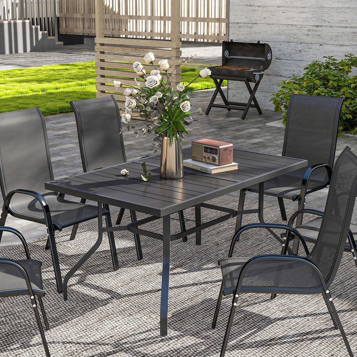 GARTENTISCH 152x90 cm, Wetterfest Balkontisch aus Stahl, mit Schirmloch - Schwarz, Metall (152/90/74cm) - Outsunny