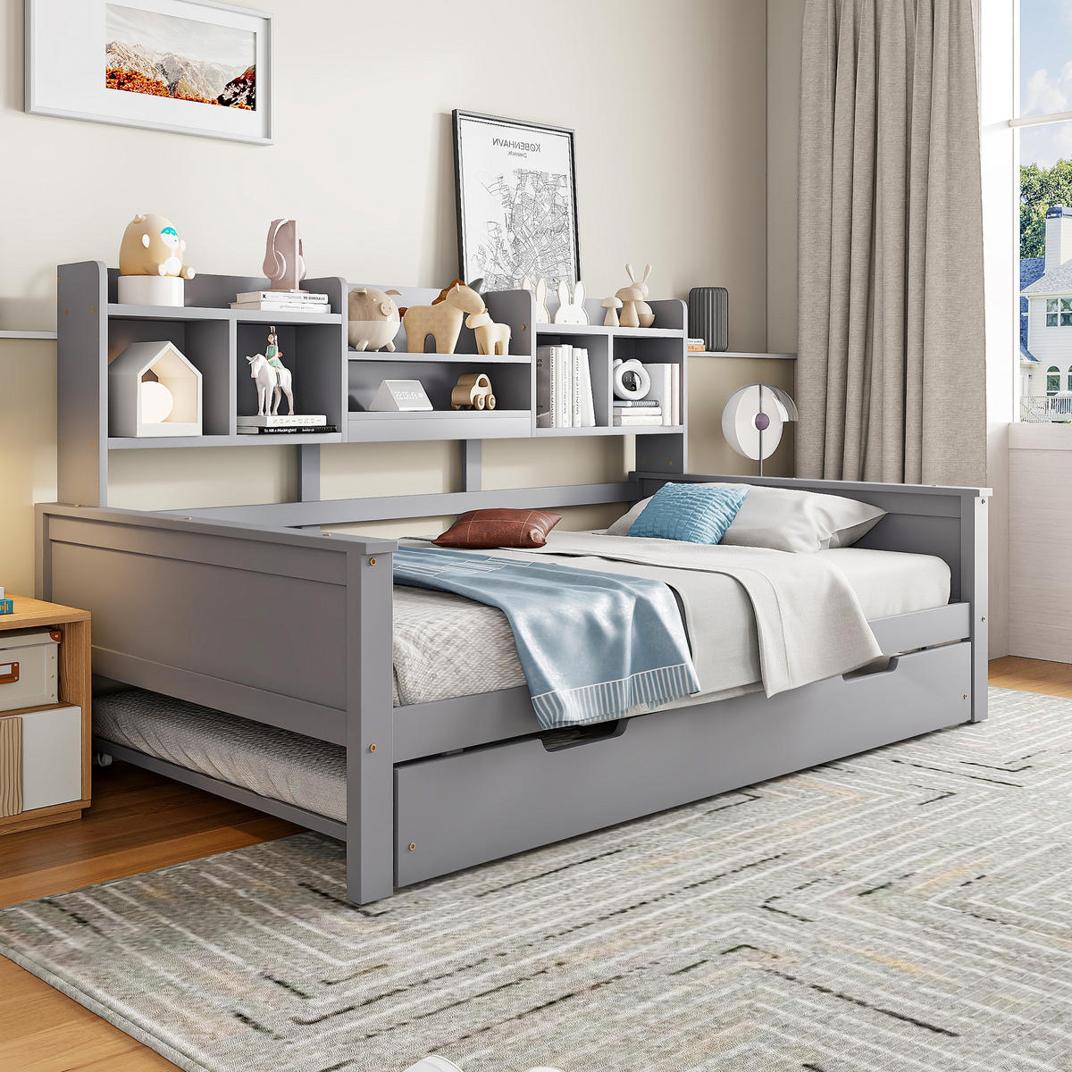 BETT mit integriertem Regal und Ausziehfunktion Kiefernholz Grau 90/200 cm - Grau, Holz (90/200cm) - OKWISH