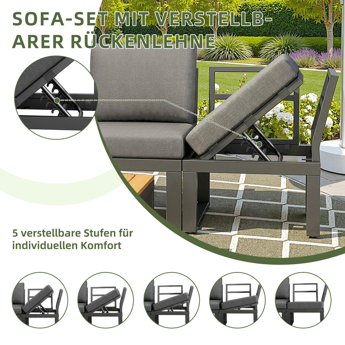 GARTENLOUNGE 6tlg Grau Beige Ecksofa Tisch Hocker verstellbar - Grau, Metall - FLIEKS