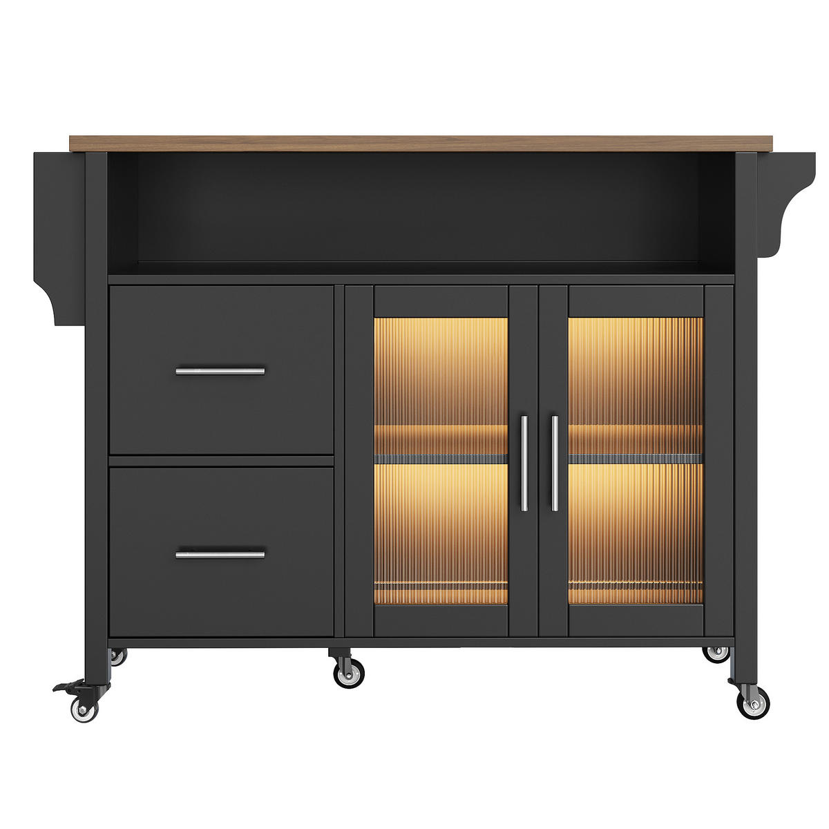 KÜCHENINSEL, LED, Glasvitrine, Rollen, Handtuchhalter, Schwarz - Schwarz, Holzwerkstoff (40/94.5/139cm) - FLIEKS