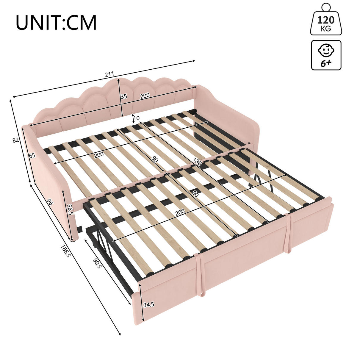 BETT 90/200 cm mit ausziehbarem Unterbett und LED in Rosa - Rosa, Textil (90/200cm) - BEAOK