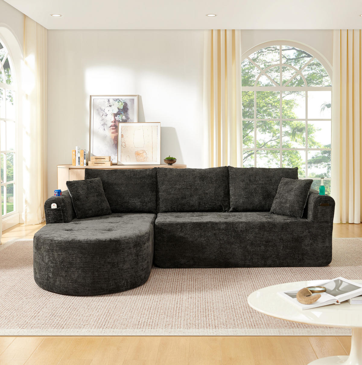 ECKSOFA L-Form montagefrei mit Edelstahl-Becherhalter, Seitentaschen und Leinenbezug, Schwarz - Schwarz, Textil (255/170cm) - Redom