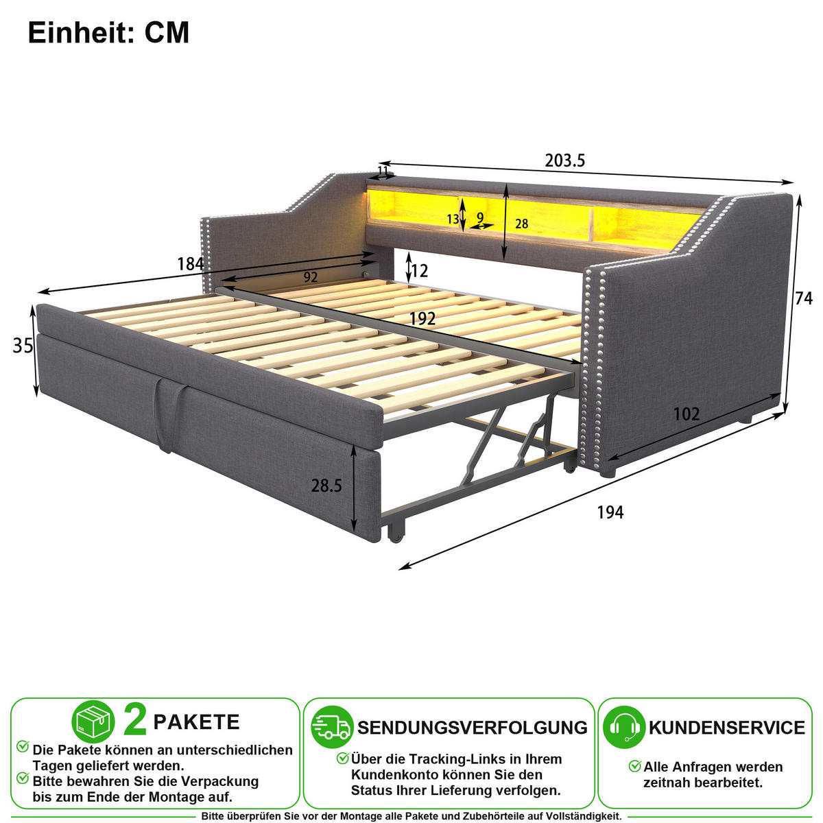 SCHLAFSOFA 90/190 cm & 180/190 cm in Dunkelgrau Leinen mit Ausziehbett, LED und USB - Dunkelgrau, Holzwerkstoff/Textil (90/190cm) - CHICFURN