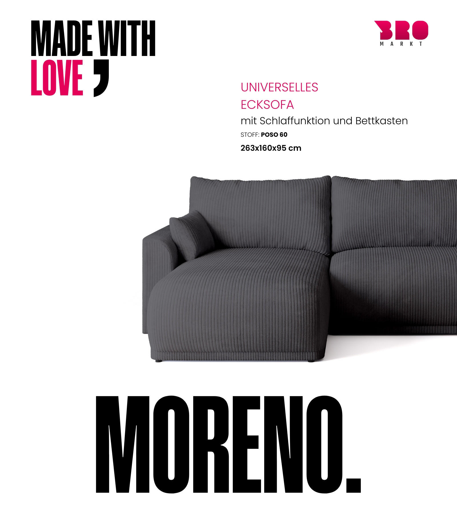 Thumbnail - Bromarkt Ecksofa, Grau, Textil, 3-Sitzer, L-Form, 262x160 cm, Wohnzimmer, Sofas & Couches, Wohnlandschaften, Ecksofas