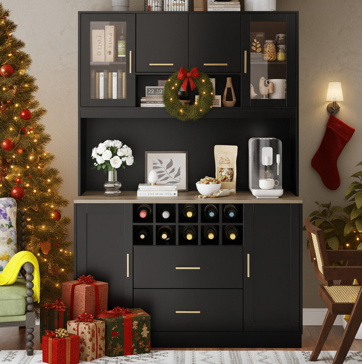 ANRICHTESCHRANK mit LED und Steckdose 120 x 36,3 x 180 cm Schwarz - Schwarz, Metall (36.3/180/120cm) - Meubliv