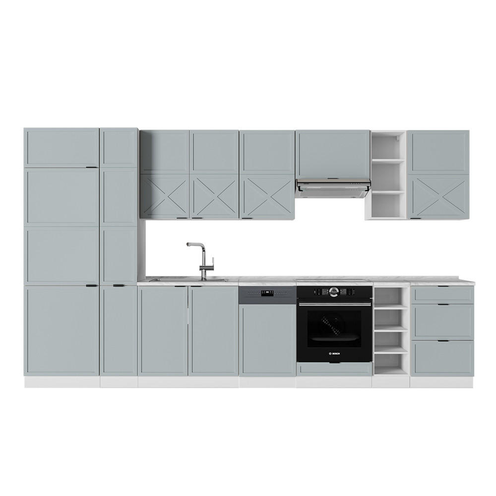 KÜCHENZEILE Fame-Line Hellblau-grau/Weiß 355 cm, AP Marmor - Weiß/Hellblau, Holzwerkstoff (355/81.6/60cm) - Vicco