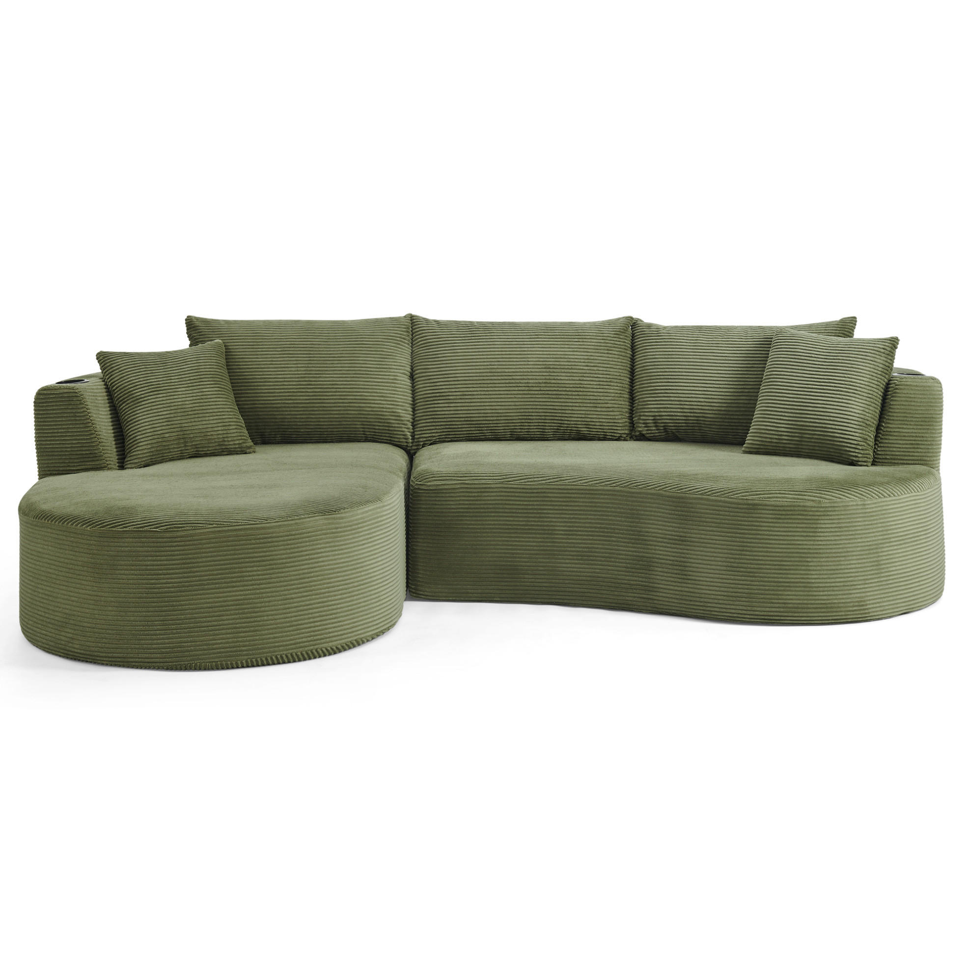 3-SITZER-SOFA mit Getränkehaltern, Kissen und bogenförmigem Design aus Kordstoff und Schaumstoff, Grün - Grün, Kunststoff (264/76/168cm) - Redom