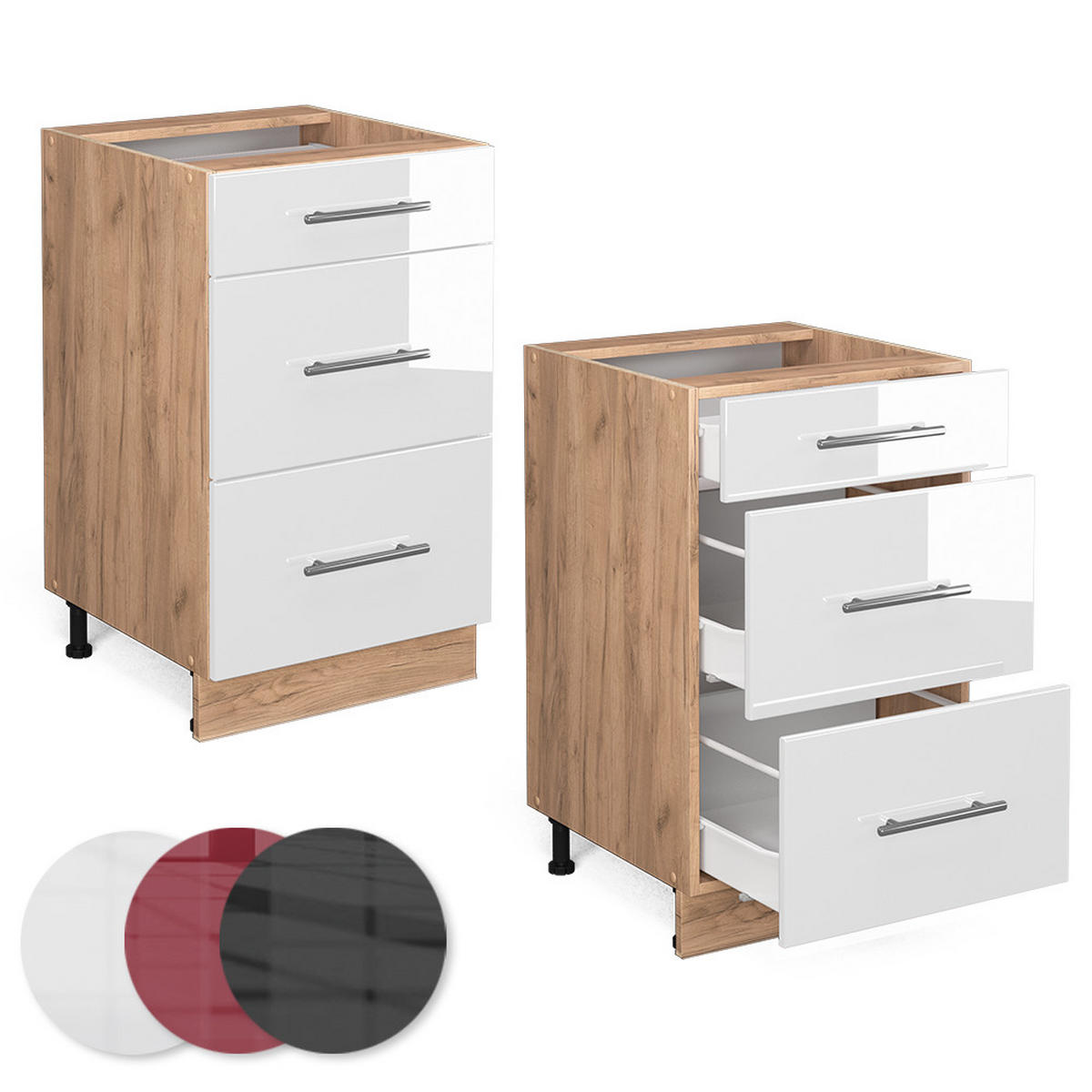 KÜCHENUNTERSCHRANK Fame-Line Weiß Hochglanz 50 cm, AP Eiche - Weiß Hochglanz/Eiche Wotan, Holzwerkstoff (50/82/60cm) - Vicco