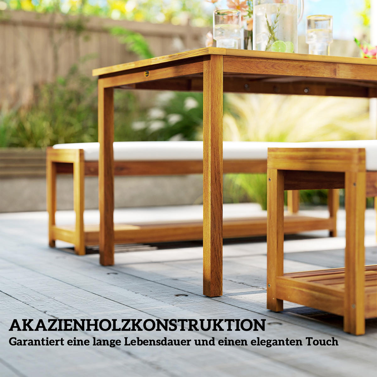 GARTENMÖBEL-SET 3-teilig DE-09824 mit Schirmloch und 2 Bänken Teak - Teakfarben, Holz - ComfortXL