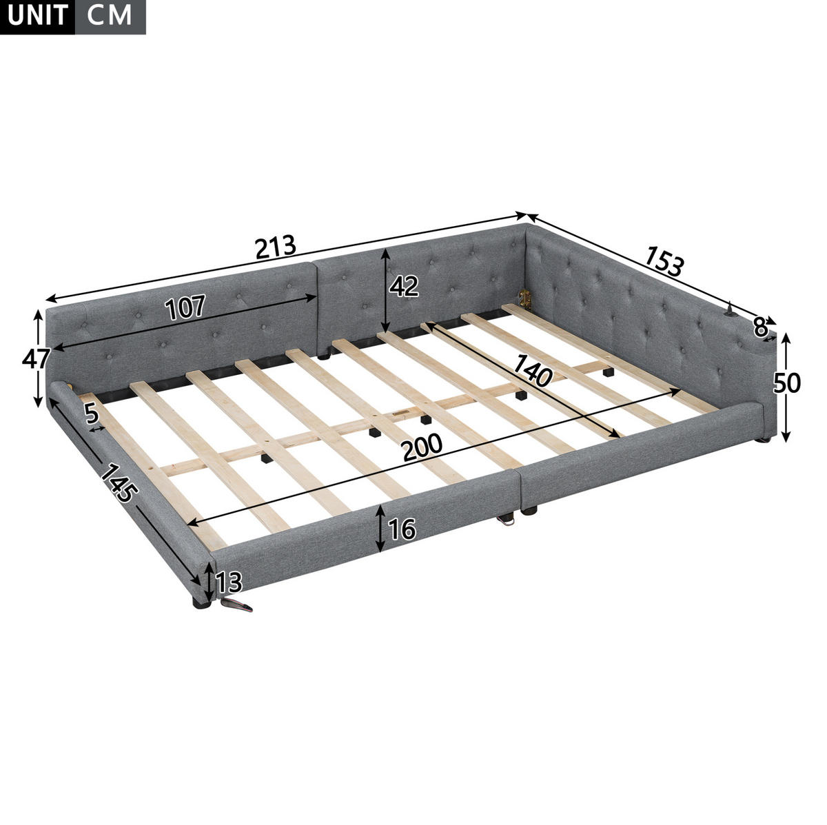 POLSTERBETT 140/200 cm mit LED-Beleuchtung und gepolstertem Kopfteil - Grau, Textil (140/200cm) - BEAOK