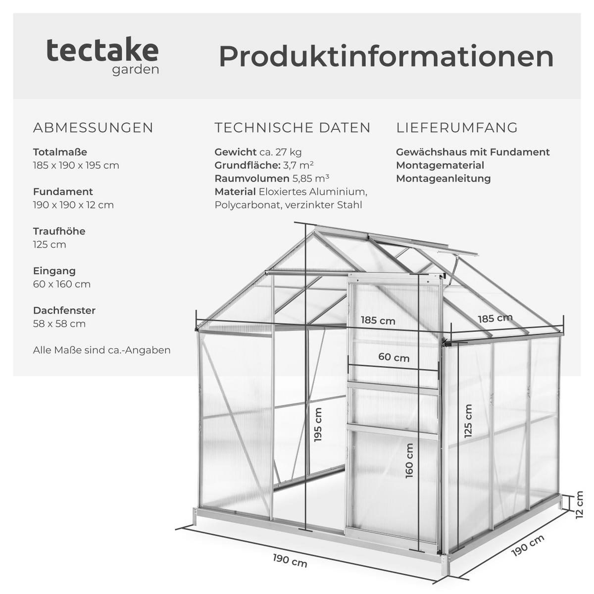 GEWÄCHSHAUS MIT FUNDAMENT, 185 x 190 x 195 cm,transparent - Transparent, Metall (185/195/190cm) - tectake