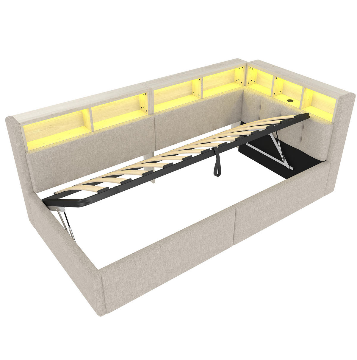 TAGESBETT aus Leinen und MDF 90x200 cm Beige mit LED-Beleuchtung, USB-/Typ-C-Anschlüssen und hydraulischem Bettkasten - Beige, Textil (90/200cm) - Modfu