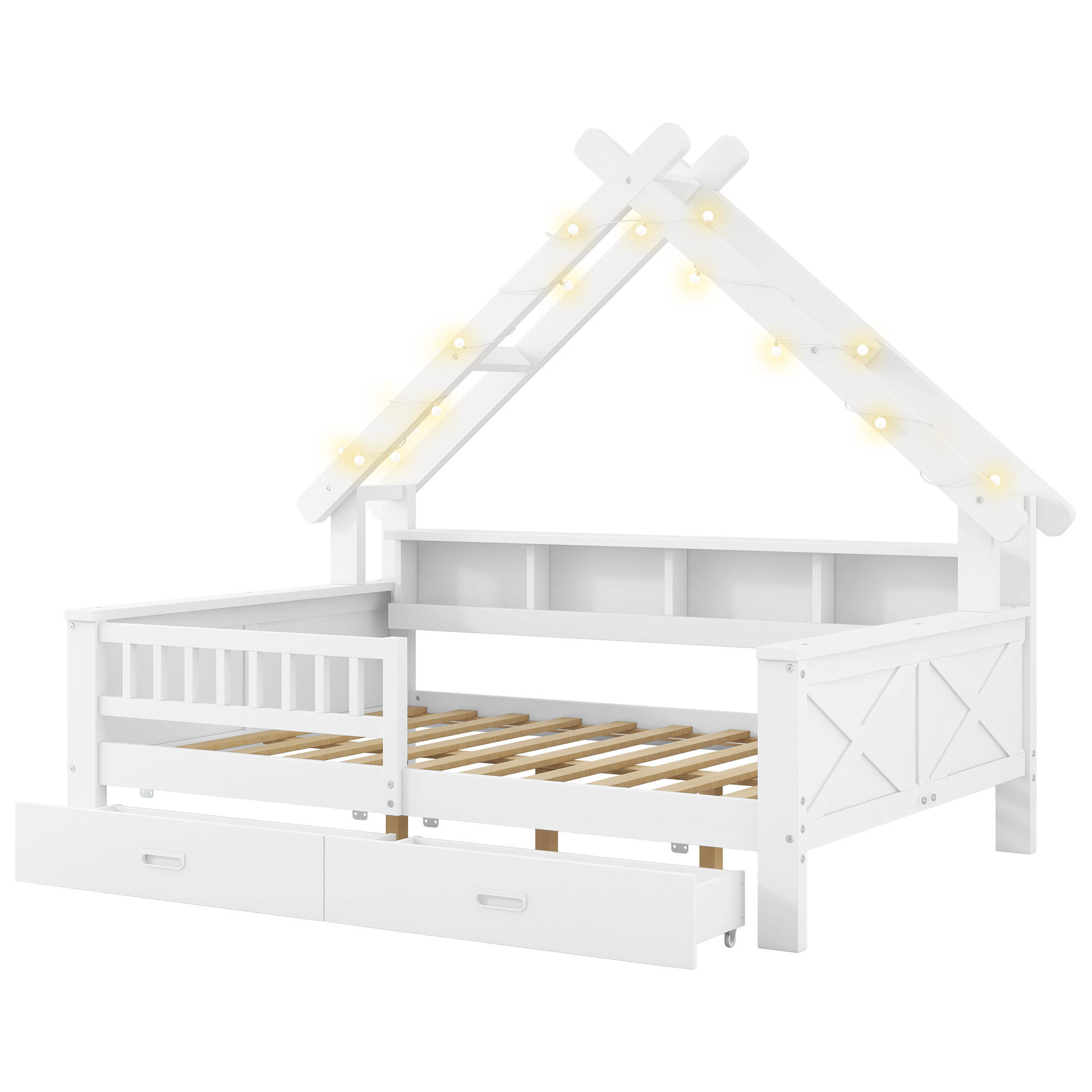 CHICFURN DOMEČKOVÁ POSTEL 140/200 cm v bílé barvě s LED osvětlením, policemi a 2 zásuvkami