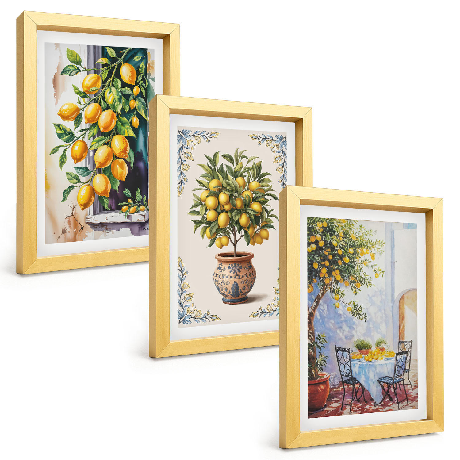 BILDER SET 3er Set - 20x30 cm Goldrahmen - Zitronenbäume Früchte Sonne - Goldfarben, Kunststoff (20/30cm) - TULUP