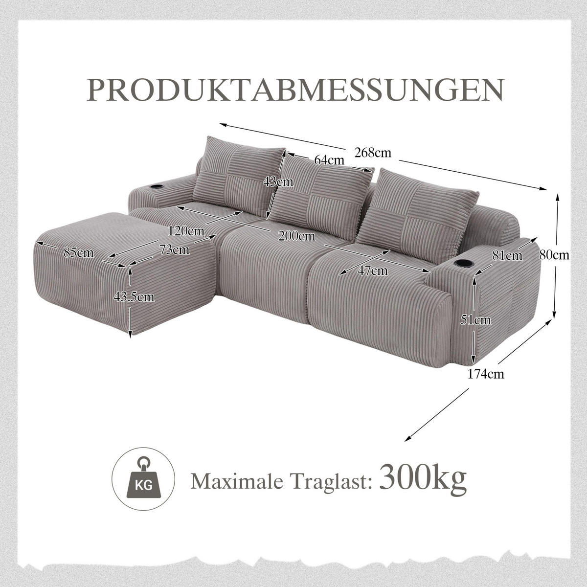 ECKSOFA aus Cord 268x174x80 cm in Hellgrau mit Cupholder & Seitentasche - Hellgrau, Textil (174/268cm) - Modfu