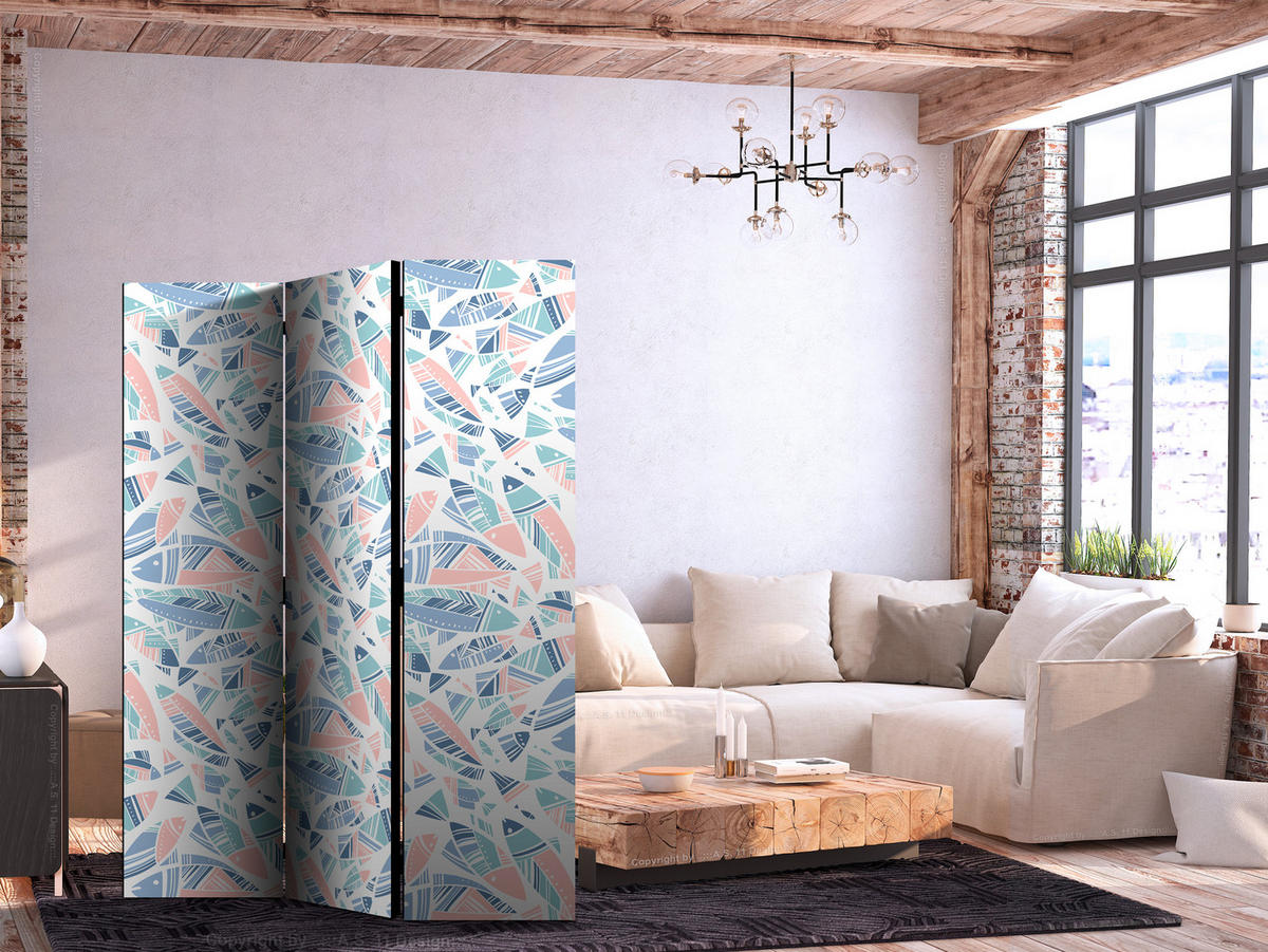 PARAVENT Einseitig Bedruckter 3-tlg 135x172 cm Fische im Boho Stil - Multicolor, Holz/Textil (135/172/3cm) - Muralo