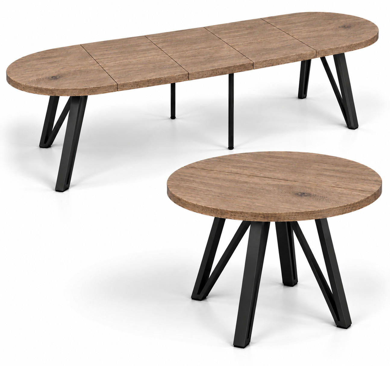 ESSTISCH rund ausziehbar 110/310/76 cm, Graubraun Eiche Halifax Egger, 54 cm Tischplatte + Industrial Metallgestell Schwarz - Graubraun/Schwarz, Holzwerkstoff/Metall (110/310/76cm) - Damale Möbel