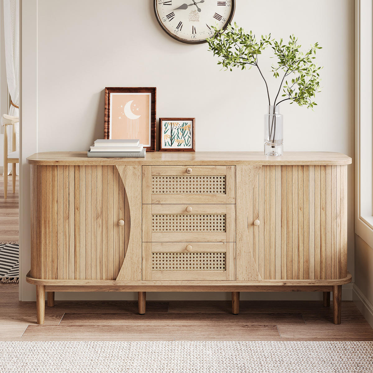 SIDEBOARD Rattan Kommode mit Schiebetüren, 140.5/40/76cm - Kirschbaumfarben, Holzwerkstoff (140.5/76/40cm) - Urban Meuble