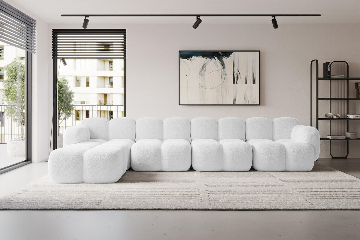 ECKSOFA modulares Sofa Links Miko-L3 390x205x75 Weiß Bouclé - Schwarz/Weiß, Holzwerkstoff/Kunststoff (390/205cm) - ALTDECOR