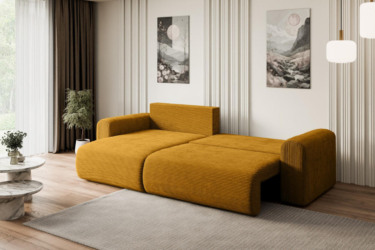 ECKSOFA mit Schlaffunktion und Bettkasten ORRO-L - 272x145x83 cm Senfgelb Cord - Gelb/Schwarz, Holzwerkstoff/Kunststoff (272/145cm) - ALTDECOR