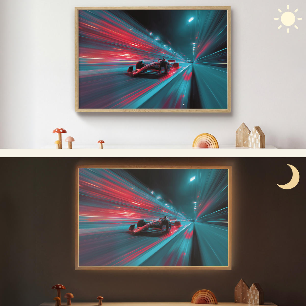 NÁSTĚNNÁ LAMPA S AKUMULÁTOREM Závodní auto - Červená - Rychlost 90x60 cm - tyrkysová, kompozitní dřevo (90/60/8cm) - OnlyWow