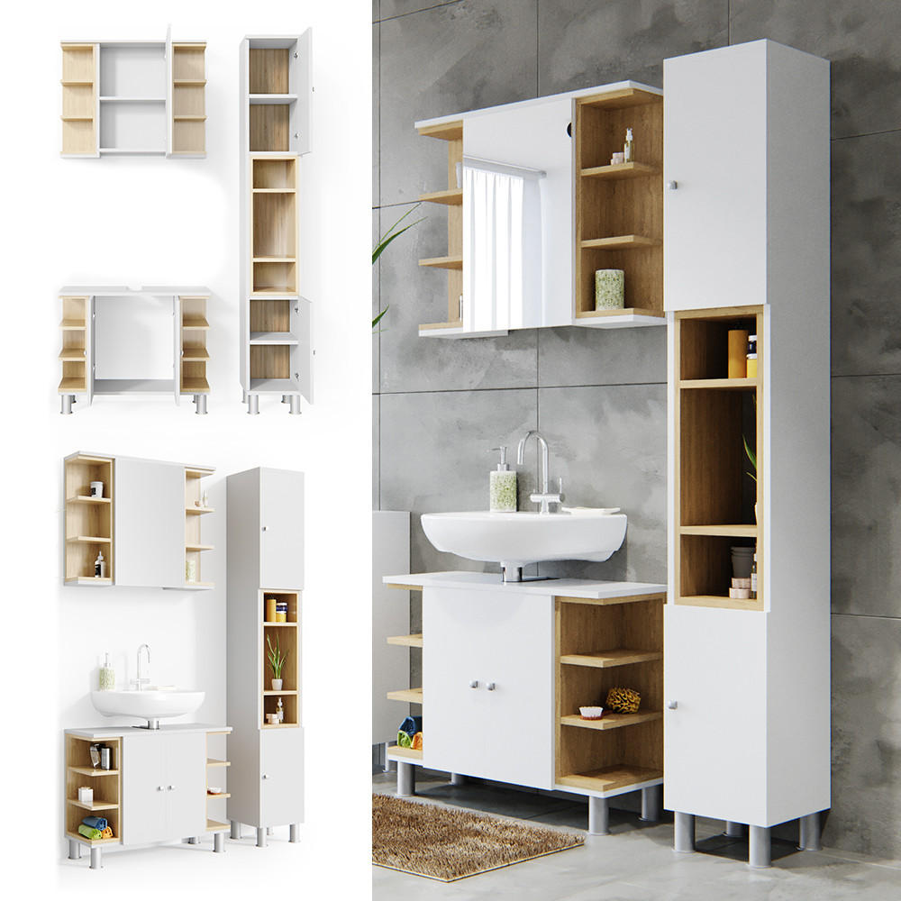 BADMÖBEL-SET Aquis Weiß 3 Teile, mit Hochschrank - Weiß/Sonoma Eiche, Holzwerkstoff (79.6/64/32cm) - Vicco