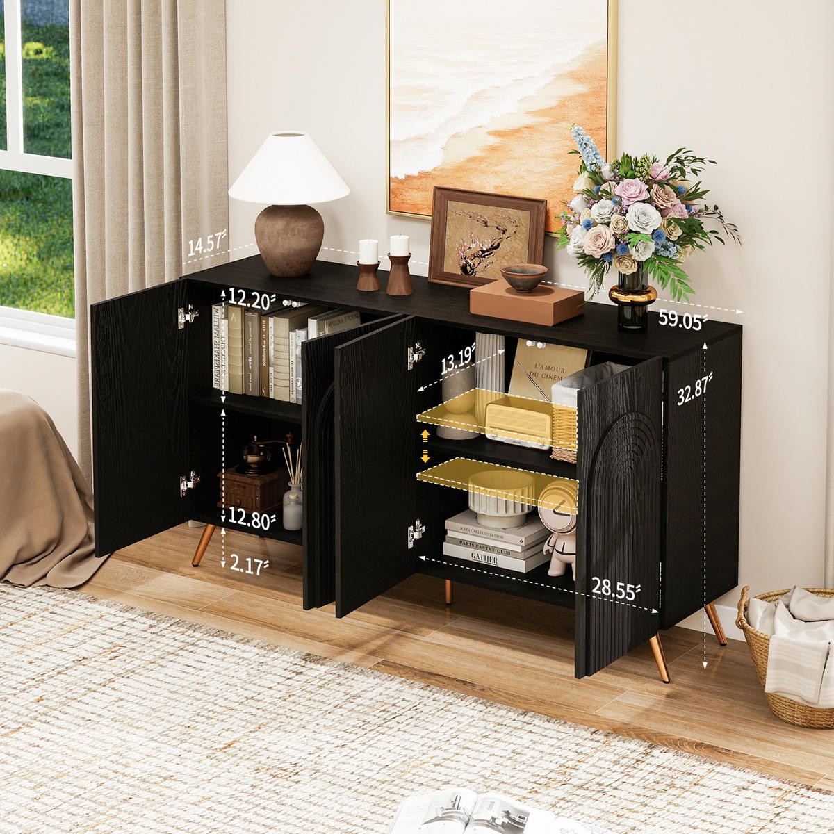 ANRICHTE Mid-Century-Design Schwarz-Goldfarben 150/38/83 cm - Schwarz, Holz (150/83/38cm) - PANGIVO