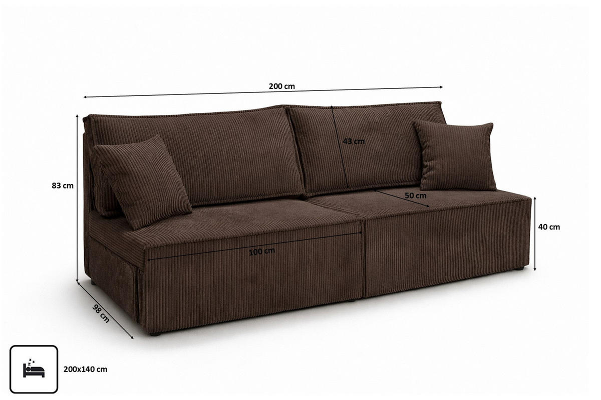 SOFA Mit Schlaffunktion Und Bettkasten, Cordstoff Poso, Braun, BEST MINI - Braun, Holz (200/83/98cm) - Kaiser Möbel