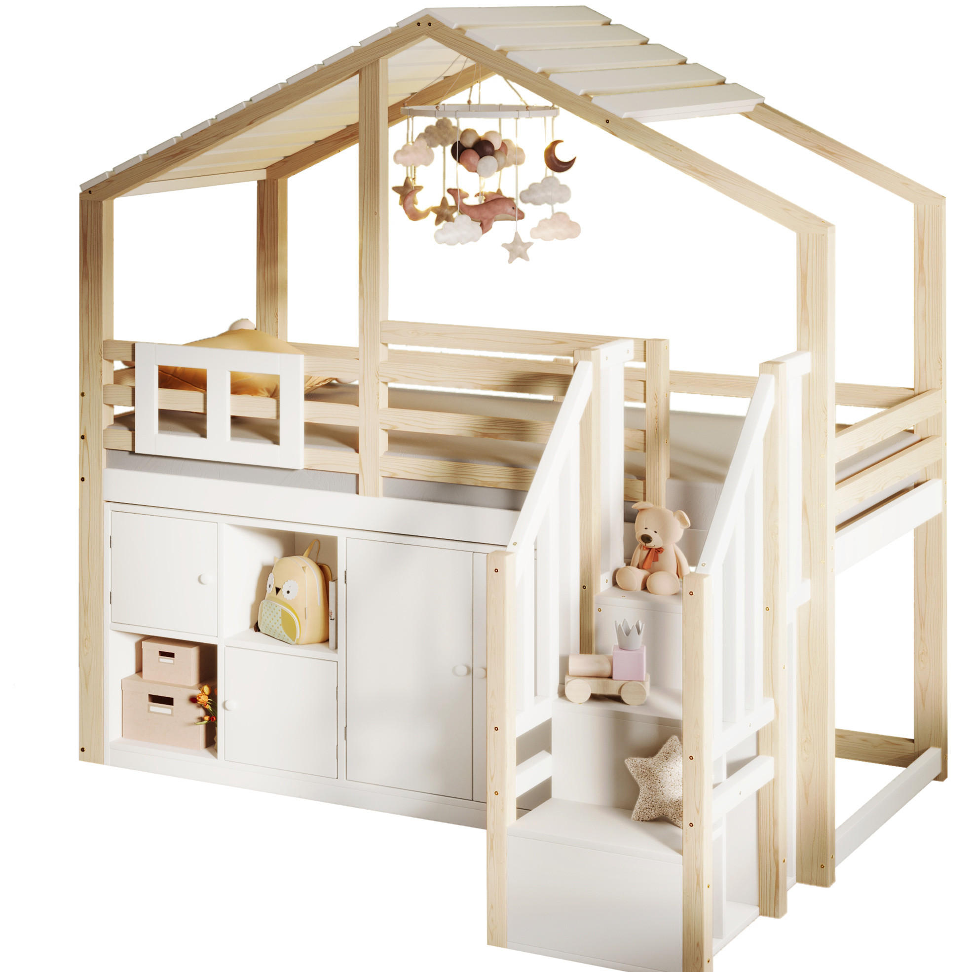HOCHBETT aus Kiefer 90x200 cm Weiß/Natur mit Stauraumleiter, Schließfächern, Fenster und Hausform - Weiß, Holz (90/200cm) - Modfu