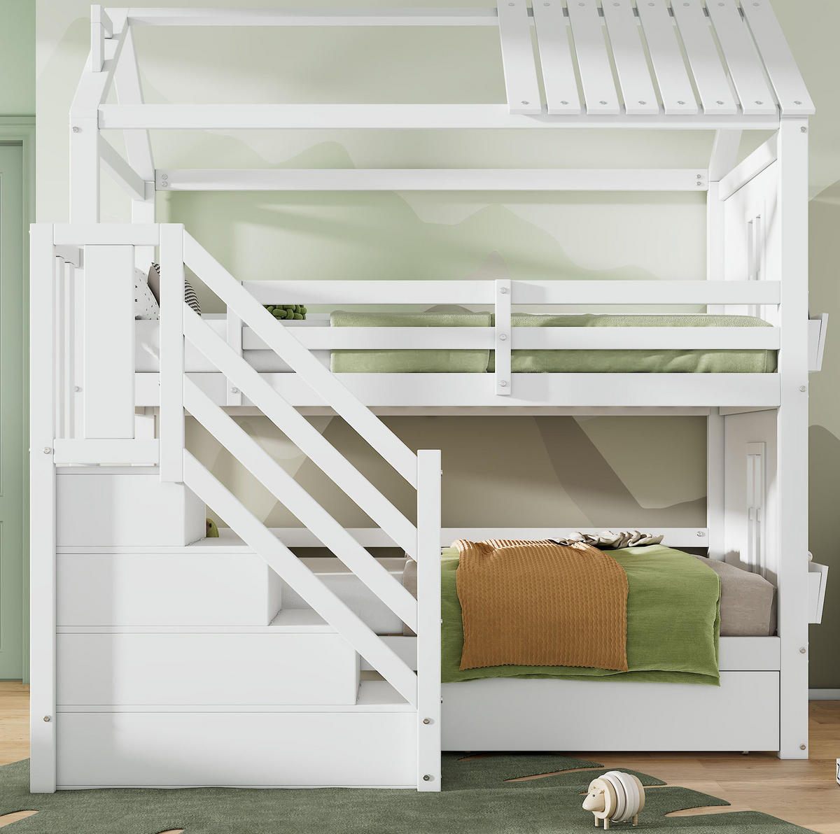 ETAGENBETT aus Kiefer und MDF 90x200 cm Weiß mit Stauraumtreppe, Schubladen und Regalen - Weiß, Holzwerkstoff (90/200cm) - Modfu
