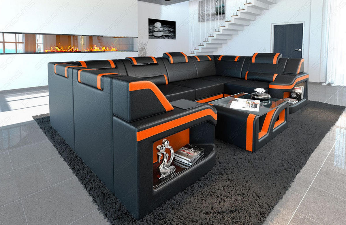 WOHNLANDSCHAFT Sofa Padua U Schwarz Orange Echtleder - Schwarz, Leder (308/80/185cm)