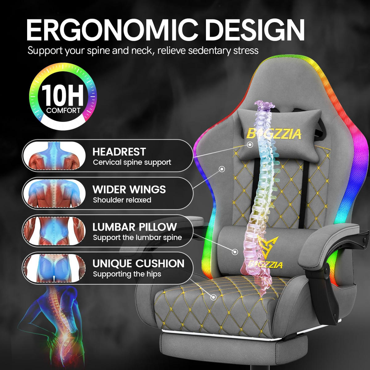 GAMINGSTUHL Grau,mit RGB LED, Ergonomisch, Verstellbar, PU-Leder - Grau, Metall (81/54/26cm) - Rattrix