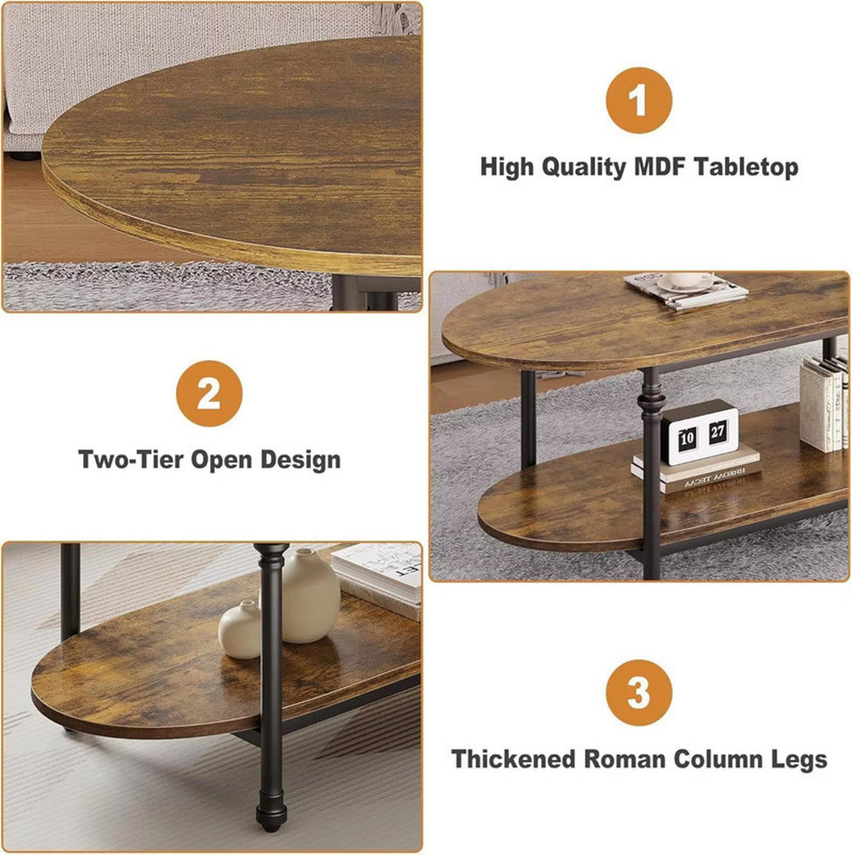 COUCHTISCH oval niedrig 2 Ebenen Mid Century Retro Design - Braun, Holz (119/54/43cm) - Kaket