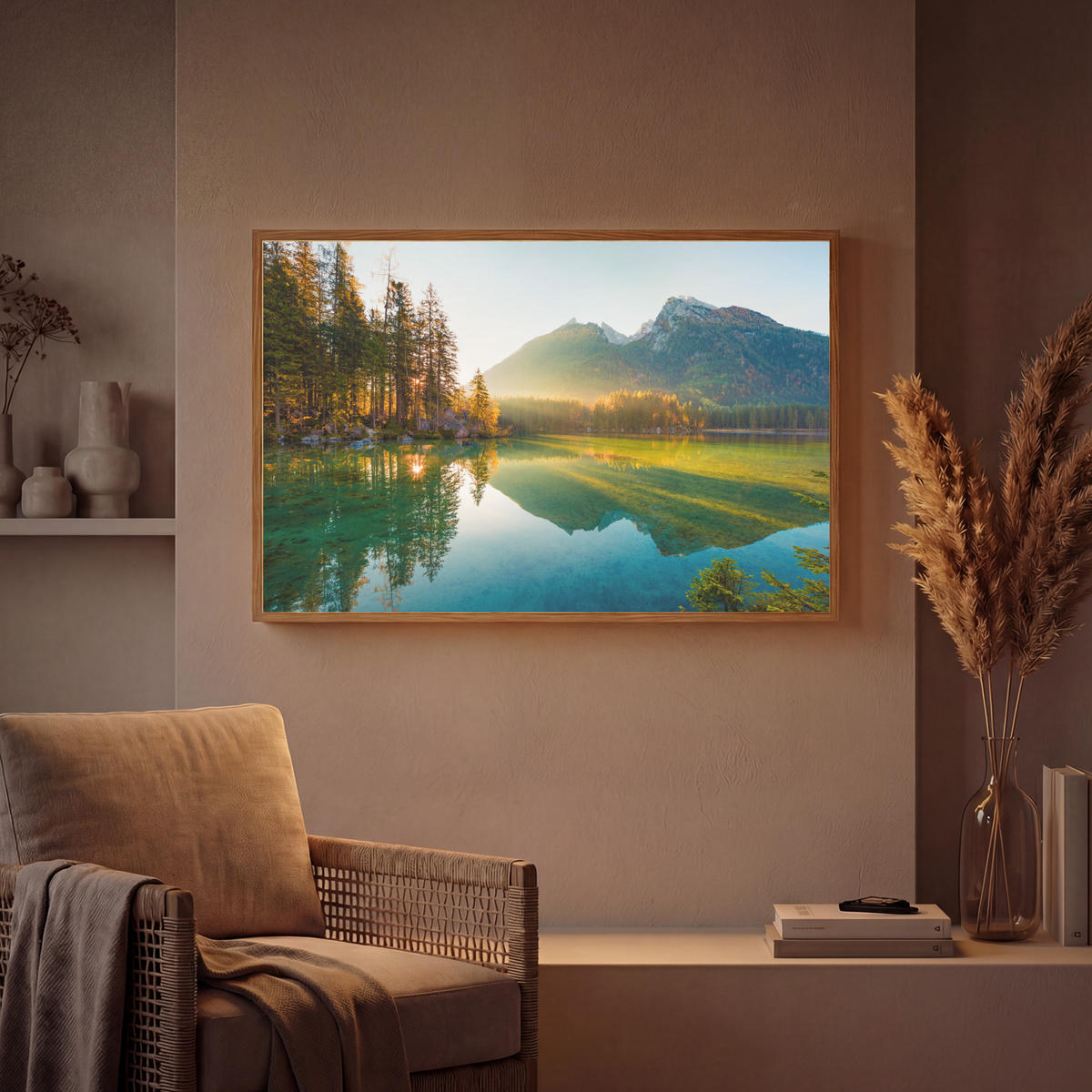 WANDLEUCHTE MIT AKKU See - Wald - Berge - Natur - Sonne - Landschaft 100x70 cm - Grün, Holzwerkstoff (100/70/8cm) - OnlyWow