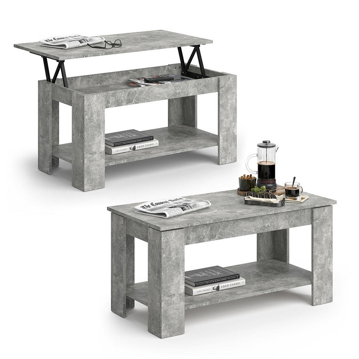 COUCHTISCH Lorenz Beton 100 x 50 cm mit Liftfunktion - Grau, Holzwerkstoff (50/100/50cm) - Vicco