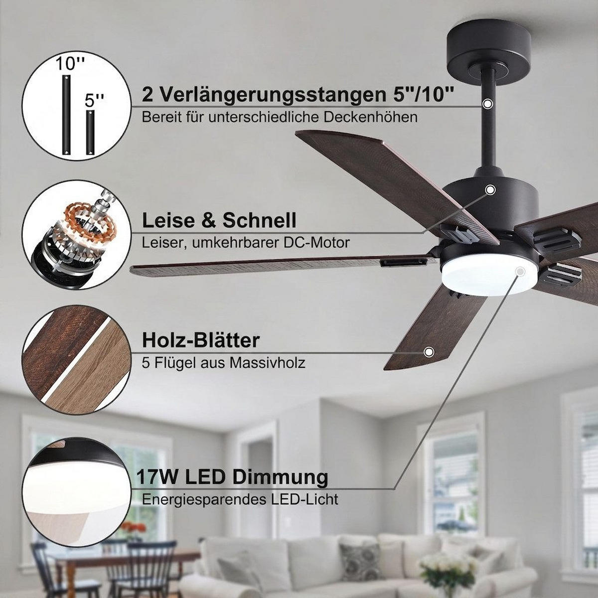 DECKENVENTILATOR mit LED-Licht 3 Farben und Fernbedienung DC-Motor - Braun, Metall (107/107/46cm) - BEXEVUE
