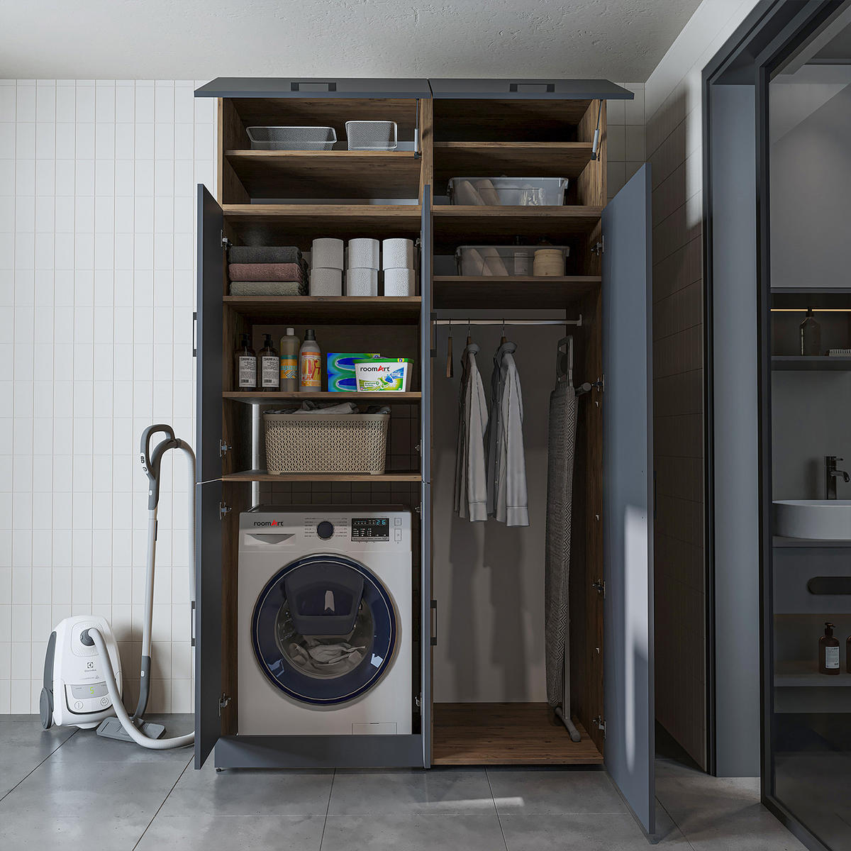 WASCHMASCHINENSCHRANK DORA-II 130cm Breit, 230cm Hoch - Anthrazit, Holzwerkstoff (130/230/73.8cm)