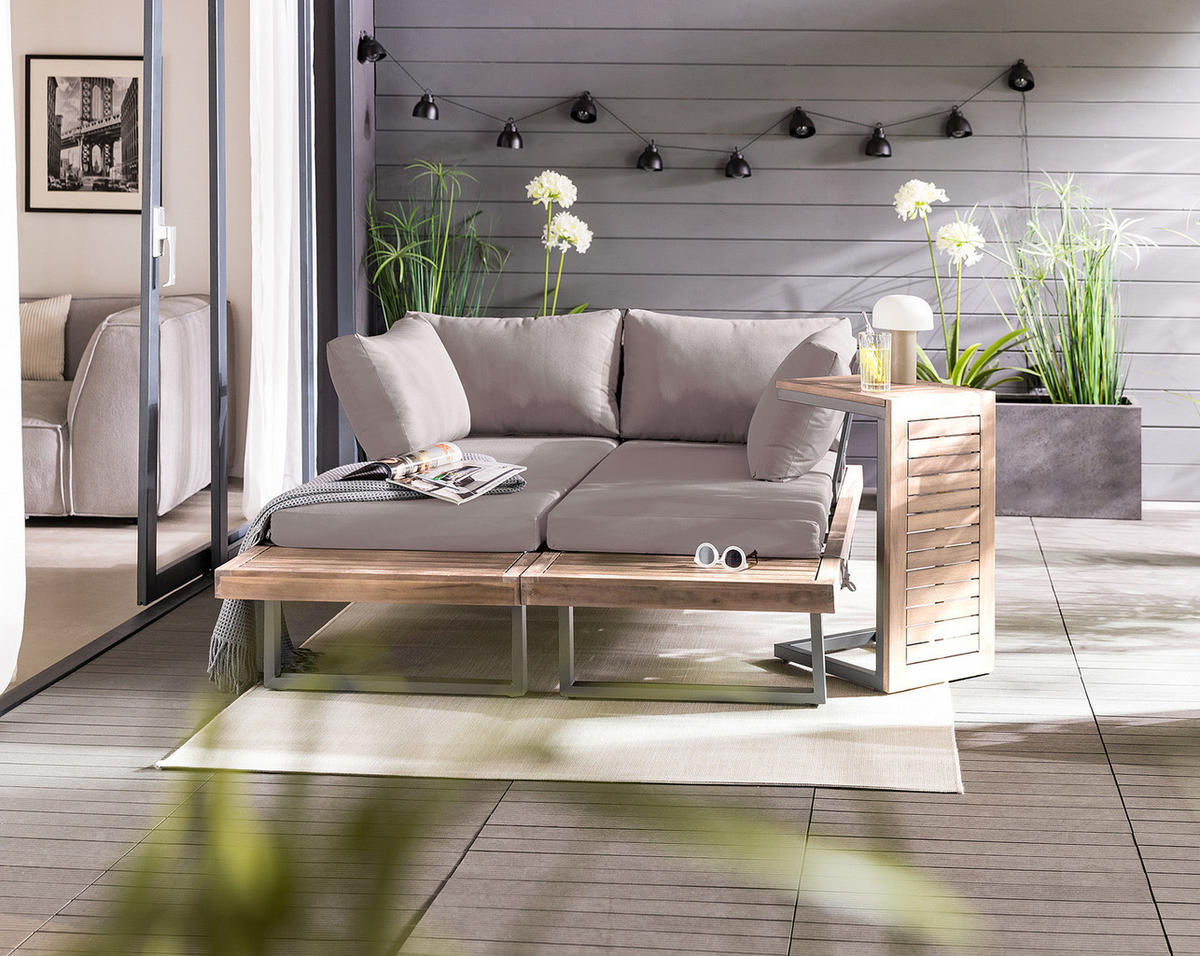 LOUNGESET - Akazie massiv / Polyester - Braun / Grau - 3-teilig - Taupe, Holz/Textil - home24